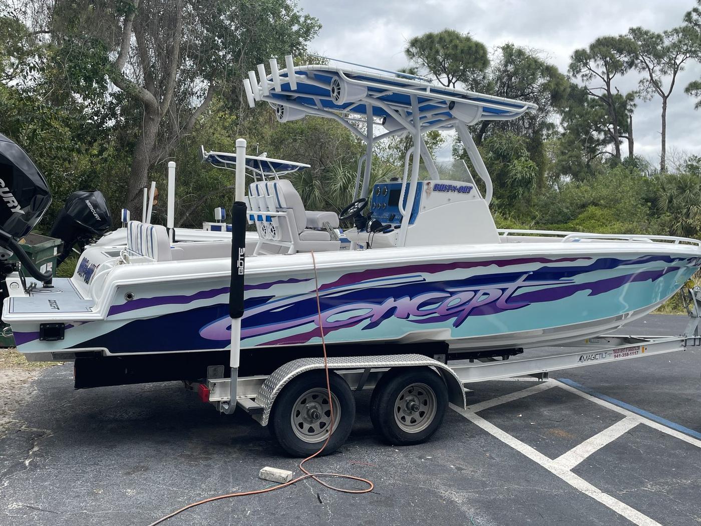 Concept center console boat with tower speakers on a trailer