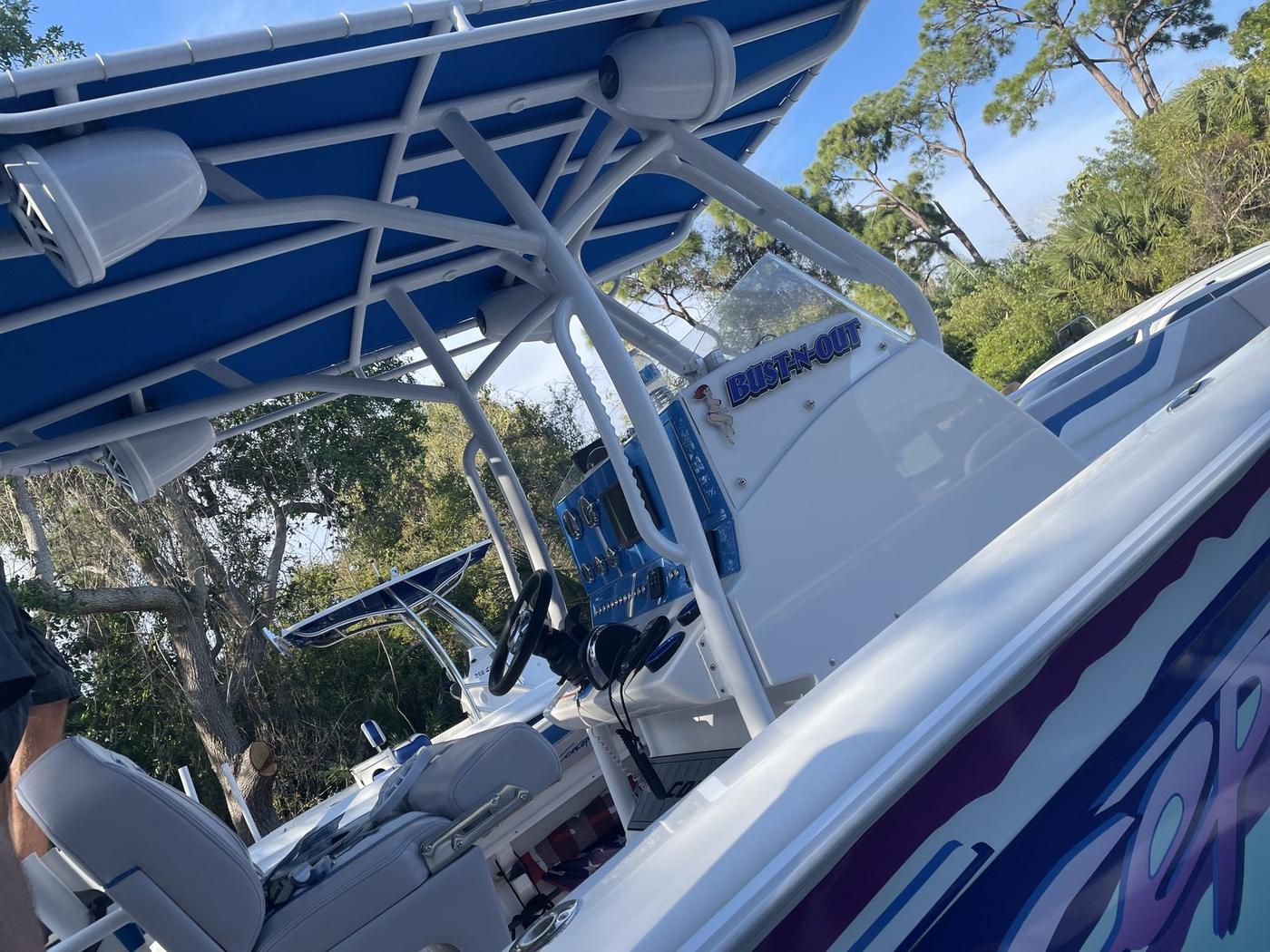 Speaker cans mounted on a boat T-top