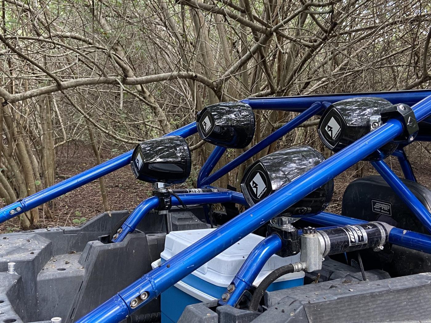 Blue sand rail rear cage with speaker cans