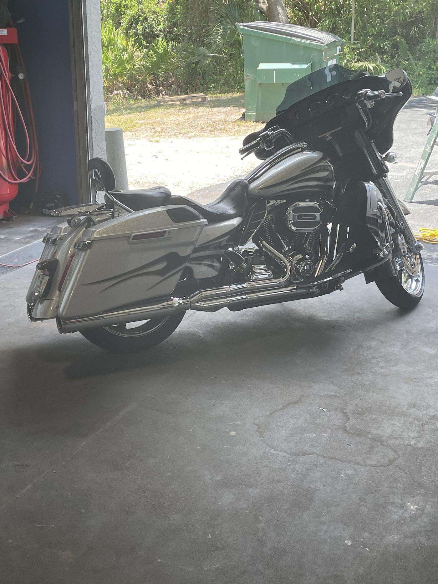 Chrome CVO Harley bagger in the shop